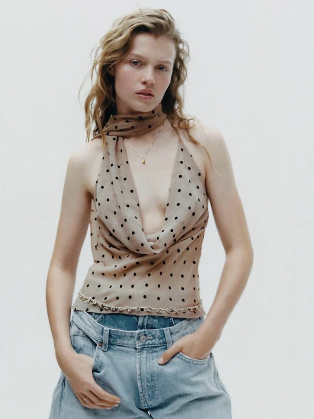 Zara Polka Dot Cowl Neck Halter Top in Taupe